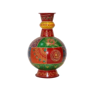ArtistryBazaar 8"L x 8"W x 13"H inch handmade wooden flower vase in earthy colors, glossy finish, folk-inspired floral patterns, elegant, durable, and suitable for any interior style.