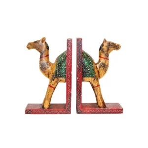 Niryat business 11 "L x 3"W x 9"H inch handmade wooden camel-shaped bookends, hand-painted traditional design, stylish organizer for books, ideal for book lovers and art enthusiasts, vibrant home decor.