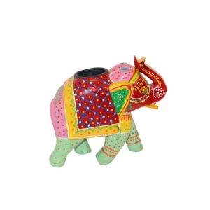 Niryat business 7"L x 3"W x 6"H inch multicolor wooden elephant-shaped candle holder, handmade by the highly skilled artisans, creative artwork on the surface, light up your space.