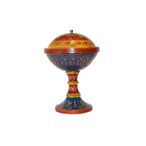 Niryat business 8"L x 8"W x 11"H inch handmade wooden incense holder with lid on top, pedestal design, glossy red & blue color combination, great for your spiritual space.