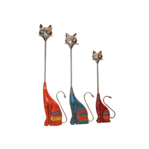 Niryat business 6"L x 3"W x 25"H inch quirky handmade wooden & metal cat figurines, red, orange and blue set of 3 with tall necks, playful design for unique decor.