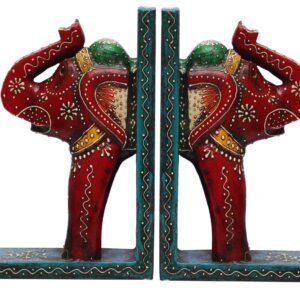Bulk Wholesale Handmade 9” Wooden Elephant Bookends in Blue, Red, Green – Decorative Bookends in Old-World Cone-Painting Art – Home Décor from India