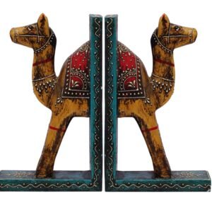 Niryat buisness Bulk Wholesale Handmade 9” Wooden Camel Bookends with in Red, Blue, Yellow – Decorative Bookends in Old-World Cone-Painting Art – Home Décor from India