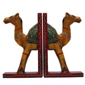 Niryat buisness Bulk Wholesale Handmade 9” Wooden Camel Bookends with in Red, Green, Yellow – Decorative Bookends in Old-World Cone-Painting Art – Home Décor from India