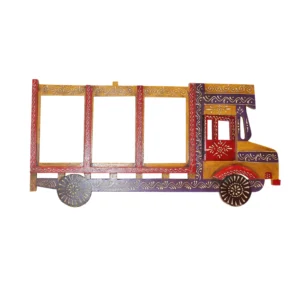 Niryat business 21"L x 10.5"W inch truck-themed handmade wooden photo frame, 3 photo slots, quirky design, filled with explosive colors, artisan details, playful, functional & creative home & office decor.