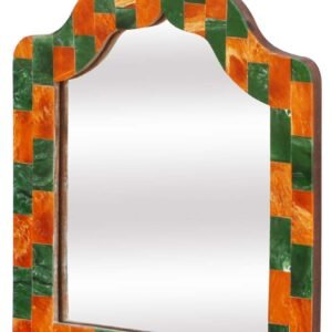 Niryat Business Wholesale Round 12.7β Wall Mirror in Bulk - Handmade Decorative Orange & Green Wall-Mounted Mirror with an Iron Ring for Hanging - Decorated with Rectangular Patterns - Wall & Home Decor Furnishings