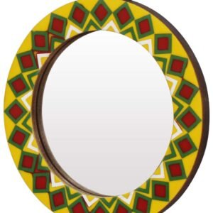Niryat Business Wholesale Round 10.5β Wall Mirror in Bulk - Handmade Decorative Colorful Wall-Mounted Mirror with an Iron Ring for Hanging - Decorated with Square Patterns - Wall & Home Decor Furnishings