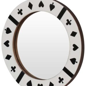 Niryat Business Wholesale Round 10.5β Wall Mirror in Bulk - Handmade Decorative White Wall-Mounted Mirror with an Iron Ring for Hanging - Decorated with Hearts, Spades, Clubs & Diamond Patterns in Black Color - Wall & Home Decor Furnishings