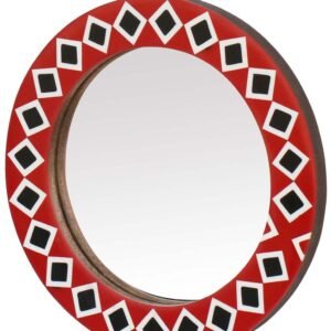 Niryat Business Wholesale Round 10.5β Wall Mirror in Bulk - Handmade Decorative Red & Black Wall-Mounted Mirror with an Iron Ring for Hanging - Decorated with Square Patterns - Wall & Home Decor Furnishings