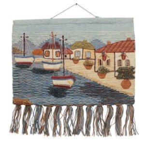 Niryat Business Hand woven Harbor Scene Jute wall hanging home décor, Tassels, Multicolored, Nature Inspired Décor,Coastal décor,Boats,