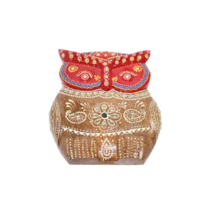 Niryat business 7"L x 8"W inch handcrafted wooden owl, beautifully detailed in red, gold, and white color, a symbol of good luck and wisdom for your home and office.