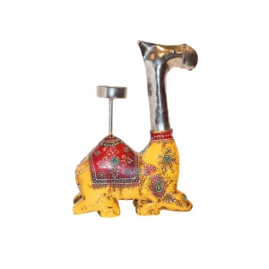 Niryat business 7"L x 3"W x 9"H inch handmade camel-shaped candle holder, yellow colored with red & black details, designed for small candles or as a playful accent piece.