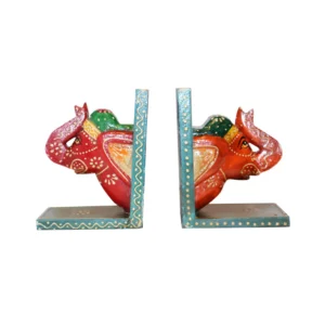 Niryat business 8"L x 2.5"W x 5"H inch 100% handmade wooden elephant-shaped bookend, colorful carvings, designed for book organization and giving a natural feel to your space.