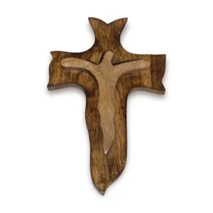 Niryat business 7.5"L x 0.8"W x 11.5"H inch handcrafted wooden cross wall hanging, polished brown colored with a delicately carved smaller cross in the center.