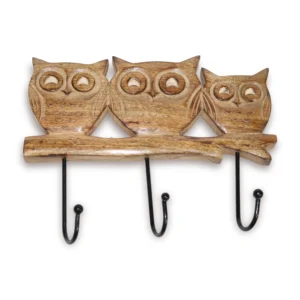 Niryat business12"L x 1"W x 9.5"H inch handmade wooden wall hanger, carved owl design in brown shade, 3 durable black metal hooks for hanging keys, chains, and more.