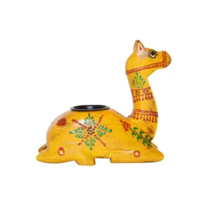 Niryat buisness 6"L x 2.5"W x 6"H inch handmade camel-shaped candle holder, wooden and metal design with yellow, red & green colors, perfect for home lighting and decor