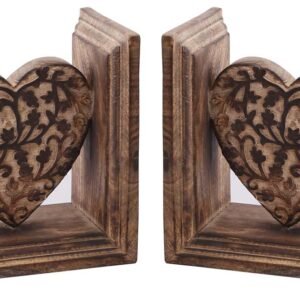 Niryat buisness Bulk Wholesale Hand-Carved 12” Mango-Wood Heart-Shaped Bookend with Carving of Leaves in Brown – Antique-Look Bookshelf Accessories
