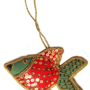 Niryat Business 2.8" X 4" Red and Green colored fish.Handstiched with Zari thread,Cotton and sequins