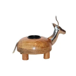 Niryat buisness 7"L x 4.8"W x 4"H inch wooden & metallic candle holder with deer design, handmade present for decor lovers, crafted by local artisans for your home.