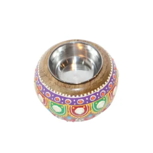 ArtistryBazaar 3"L x 3"W x 2"H inch colorful handmade t-light holder, wooden base with artwork in purple, green, orange, and gold, metal insert for secure candle placement