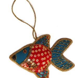 Niryat Business 3"x4" Zari thread and sequins crafted , Blue and Red Fish Themed Christmas décor