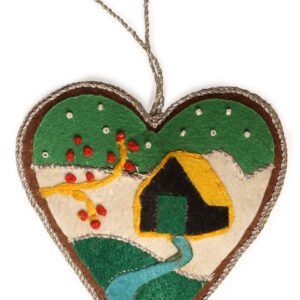 Niryat Business 4"x4" Zari Thread Christmas Ornament - Heart with House Scenery.
