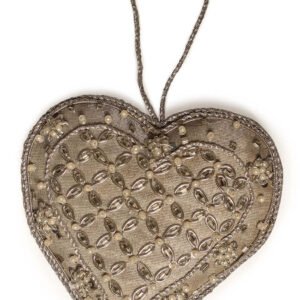 Niryat Business 3.5" x 3.5" Silver Pearl Heart Christmas Décor, Handmade with Zari thread, sequence and cotton.