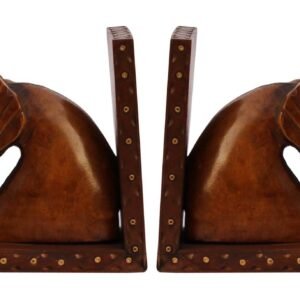 Niryat buisness Bulk Wholesale Hand-Carved 5.5” Kadam Wood & Wood Bookend in Horses’ Face Shape Enhanced with Brass Inlay work– Antique-Look Décor from India