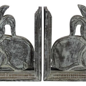 Niryat buisness Bulk Wholesale Handmade 13” Mango-Wood Bookends with Rabbits - In Distressed White Color – Antique-Look Bookshelf Accessories – Gifts for Book-Lovers