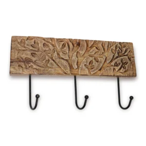 Niryat business  14.5"L x 1"W x 8.5"H inch handmade wooden wall hanger, nature-inspired carved tree design, 3 black curved metal hooks for hanging keys, bags, and scarves.