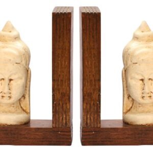 Niryat buisness Bulk Wholesale Handmade 13” Eucalyptus Wood Bookend with Buddha Carved in Off-White & Enhanced with Papier Mache Art – Antique-Look Décor from India