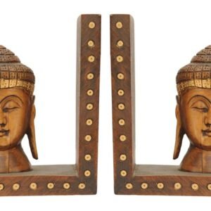 Niryat buisness Bulk Wholesale Handmade 12” Eucalyptus Wood Bookends with Buddha Carved in Brown & Enhanced with Golden Brass Beads – Antique-Look Décor from India