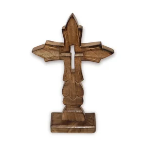 Niryat business7.5"L x 0.8"W x 11.5"H inch handmade wooden crucifix in natural brown shade, gothic style, wall-mounted Jesus Christ cross with floral & leaf carvings.