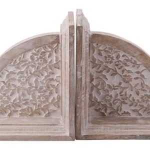 Niryat buisness Bulk Wholesale Hand-Carved 12” Mango-Wood Bookend with Carving of Leaves in Brown & White Distressed-Look – Antique-Look Bookshelf Accessories