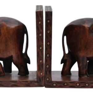 Niryat buisness Bulk Wholesale Handmade 5.5” Kadam Wood Bookend with Elephants Carved & Enhanced with Brass Inlay work– Antique-Look Décor from India