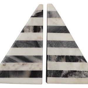 Bulk Wholesale Handmade Triangle Shaped Set of 2 Bookends in Marble – Designed with Black & White Striped Patterns – Bookshelf Accessories
